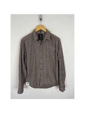 Sitka Mens Brown Gingham Plaid Long Sleeve Button Down Shirt Size Large